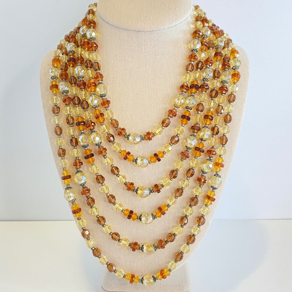 Vintage Multi Strand Amber Honey‎ Glass Bead 6 Row Statement Necklace 16in